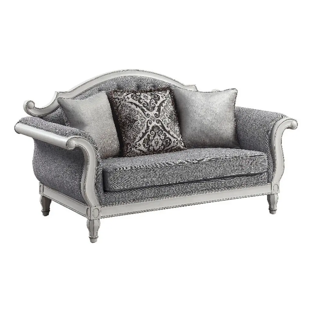 Pemberly Row Tufted Fabric Loveseat 3 Pillows Gray Antique White