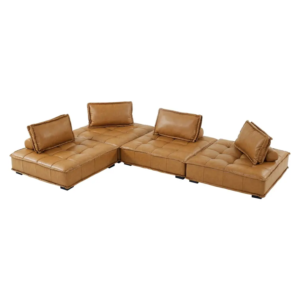 Modular Deep Tufted Sectional Sofa Set Tan Fabric Living Room