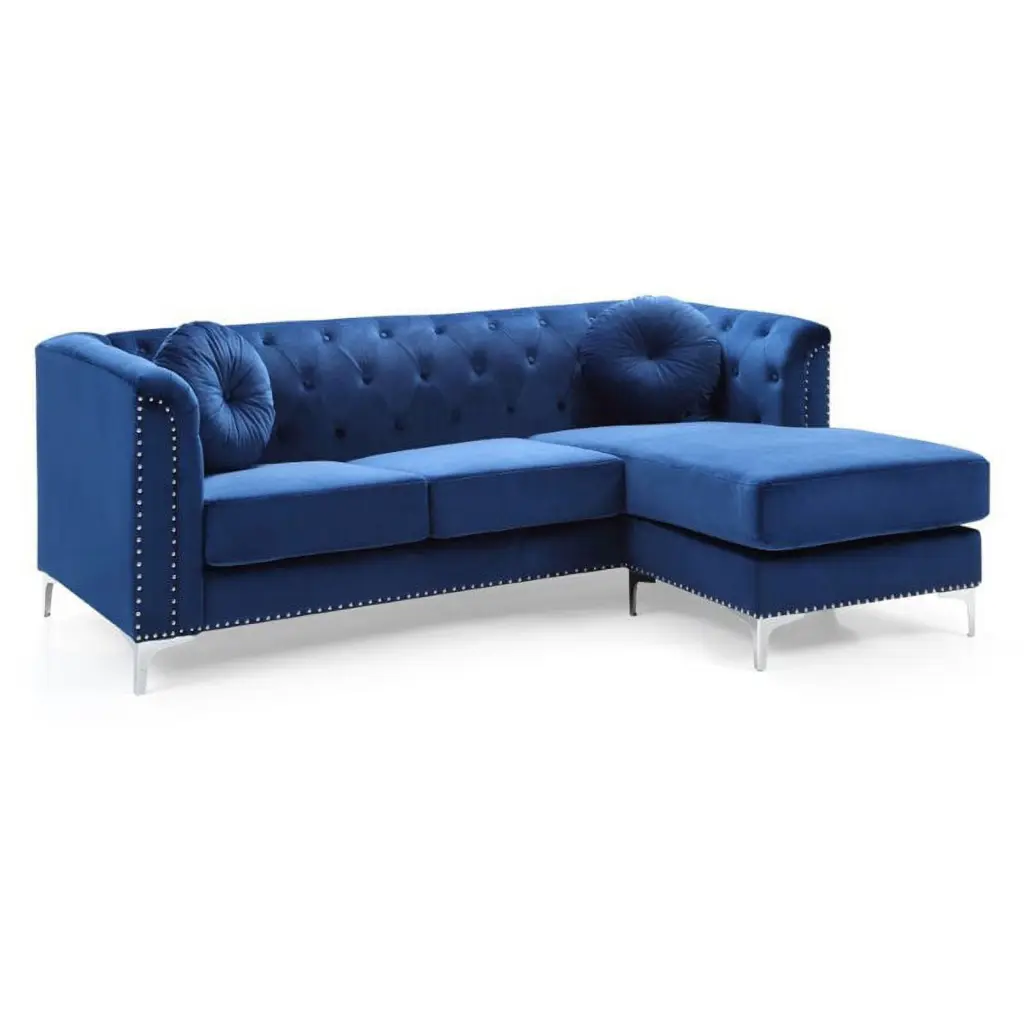 Pemberly Row Contemporary Tufted Velvet Sofa Chaise Navy Blue