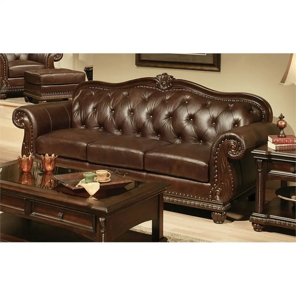 ACME Anondale Cherry Tufted Upholstered Leather Sofa Acme Furniture