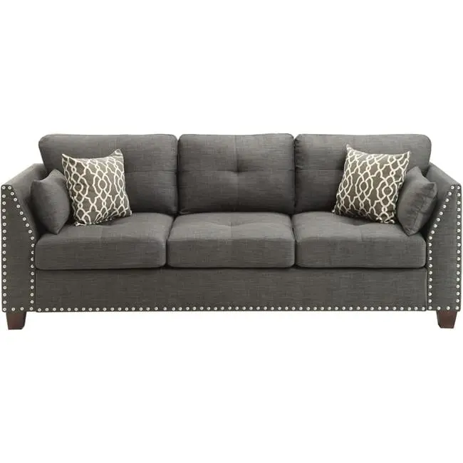 ACME Laurissa Tufted Sofa Light Charcoal Linen Fabric Nailhead Trim Acme Furniture