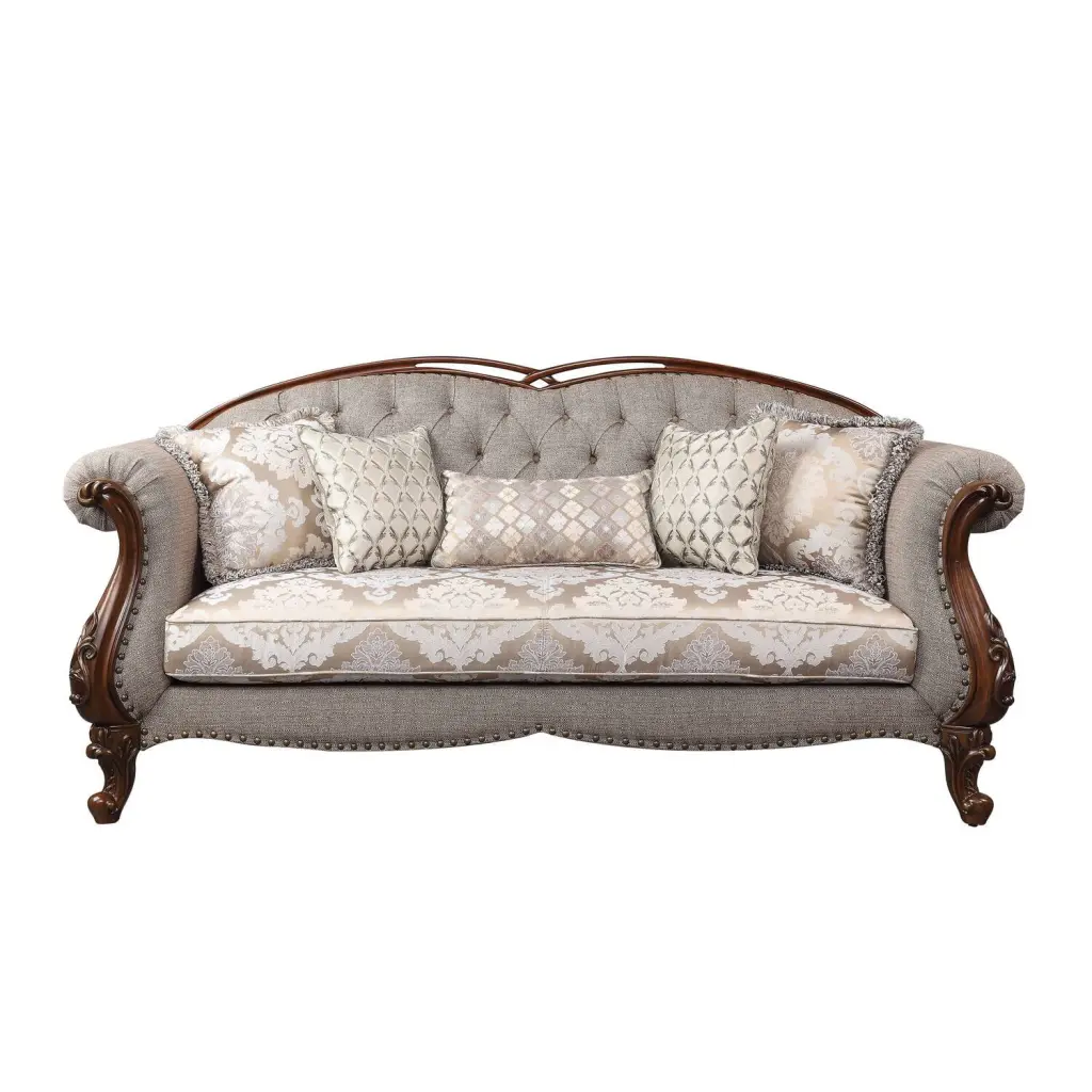ACME Miyeon Fabric Button Tufted Sofa 5 Pillows Cherry and Gray Acme Furniture