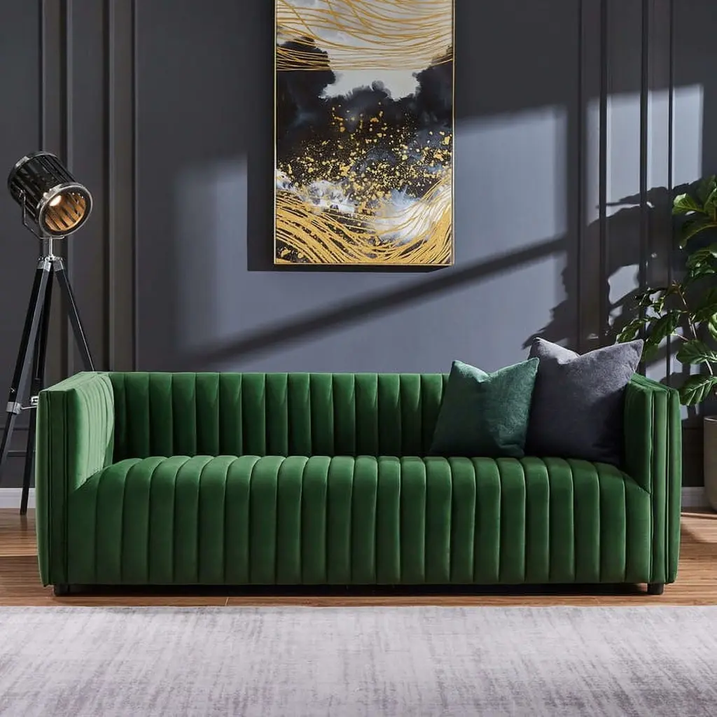 Dominic Channel Tufted Green Velvet Sofa Luxury Living Room Furniture Ashcroft