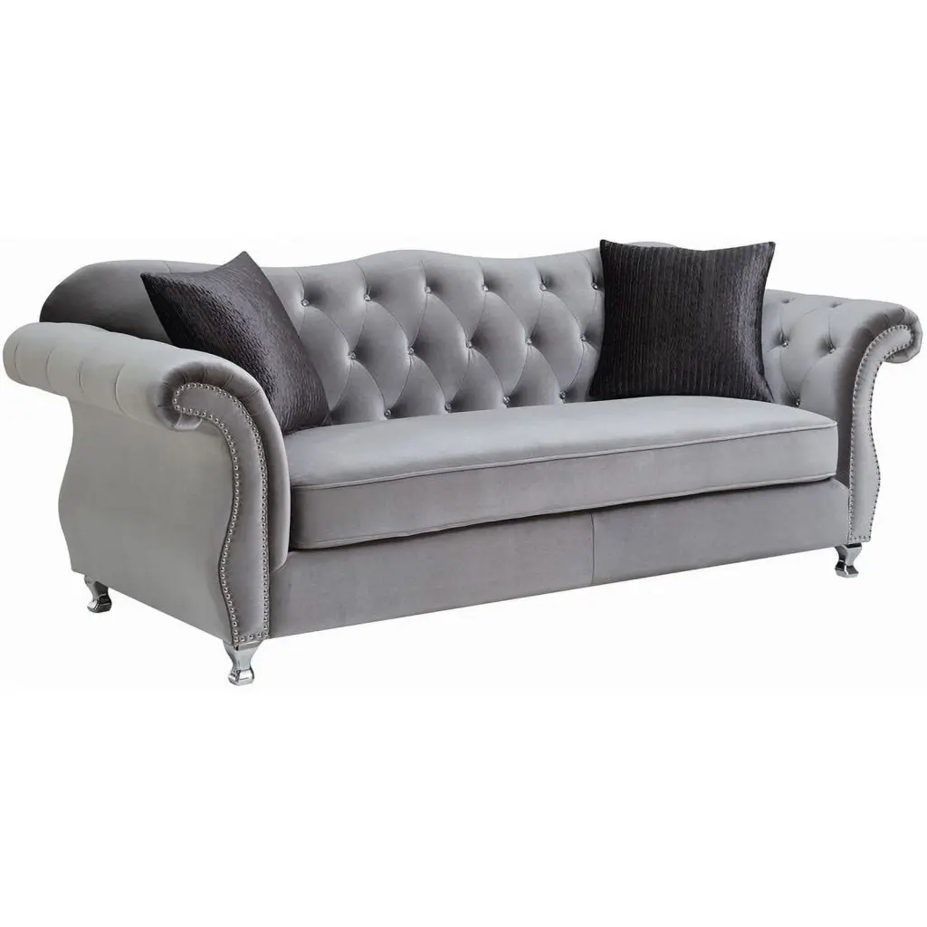 Bowery Hill Contemporary Upholstery Button Tufted Velvet Sofa Silver - Modern Luxury