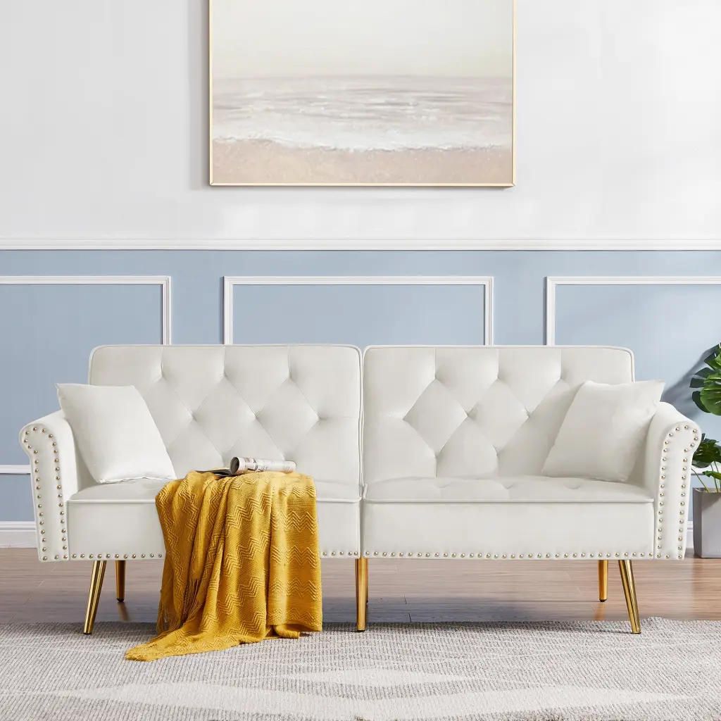 Beige Velvet Tufted Sofa Couch 2 Pillows and Nailhead Trim CNCJ