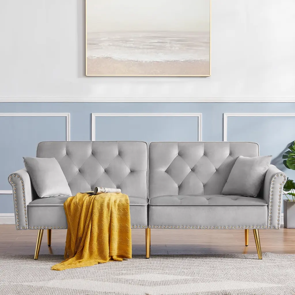 Grey Velvet Tufted Sofa Couch 2 Pillows and Nailhead Trim CNCJ