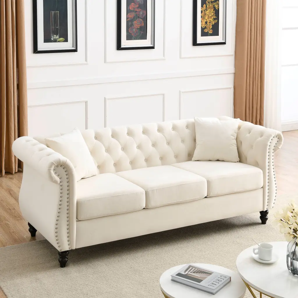 80 Inch Beige Velvet Tufted 3-Seater Sofa Rolled Arms and Nailhead Trim Cofuo
