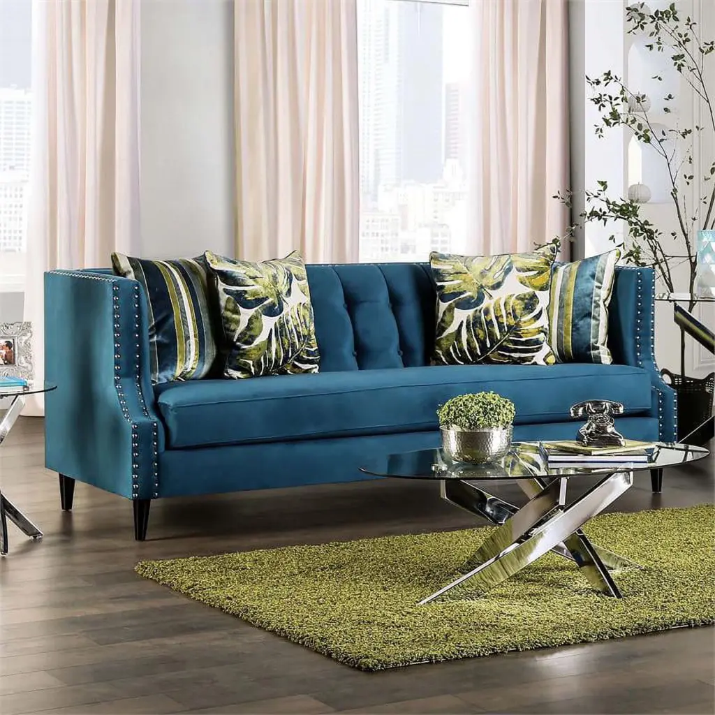 Furniture America Boree Transitional Fabric Tufted Sofa Dark Teal Blue