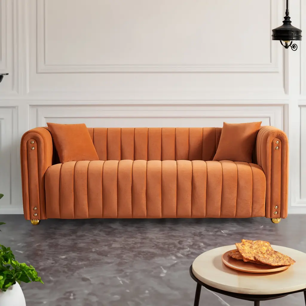 79.92 Inch Modern Vertical Channel Tufted Velvet Sofa Living Room Orange JUSTSHIK