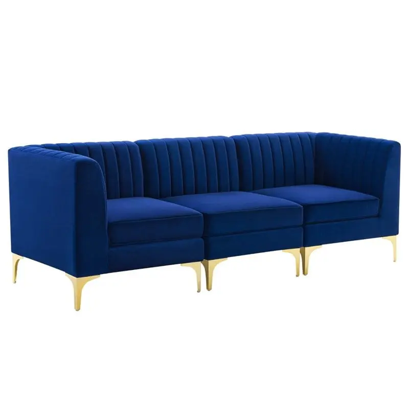 Maklaine 3-Seater Navy Velvet Sofa Channel Tufted Design and Performance Fabric