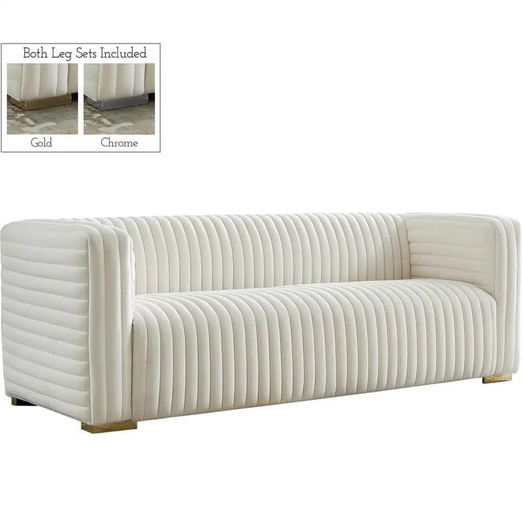Maklaine Contemporary Deep Channel Tufted Rich Cream Velvet Sofa