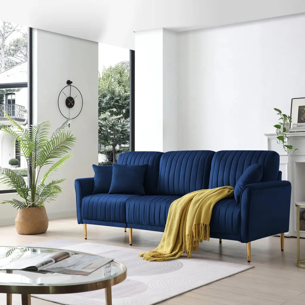 81.9 Inch Navy Blue Velvet Channel Tufted Upholstered 3-Seater Sofa Scrolled Arms 3 Pillows Living Room Miekor
