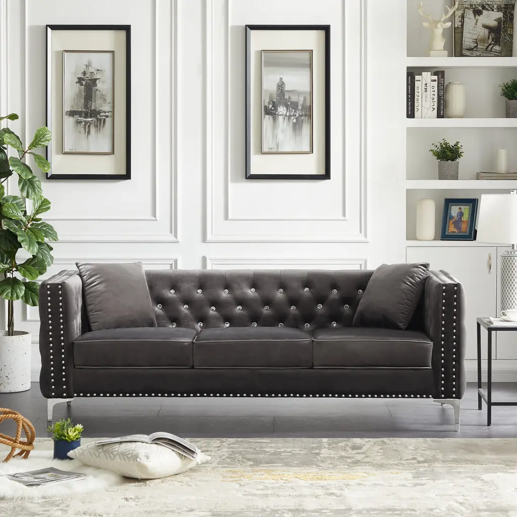82.3 Width Modern Velvet Sofa Jeweled Buttons Tufted Square Arm Couch Grey 2 Pillows Miekor