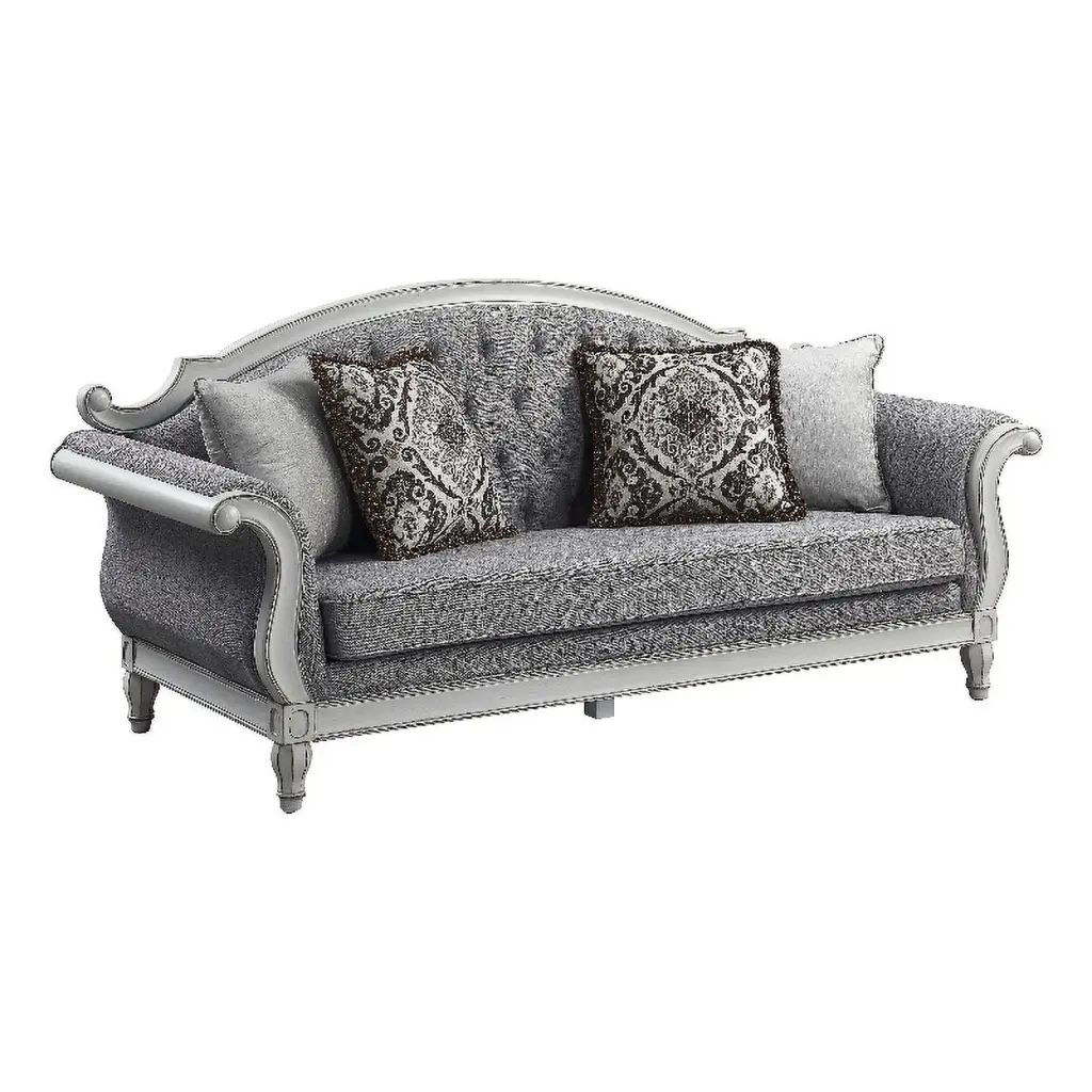 Pemberly Row Tufted Fabric Sofa 4 Pillows Gray/Antique White - Classic Living Room Sofa