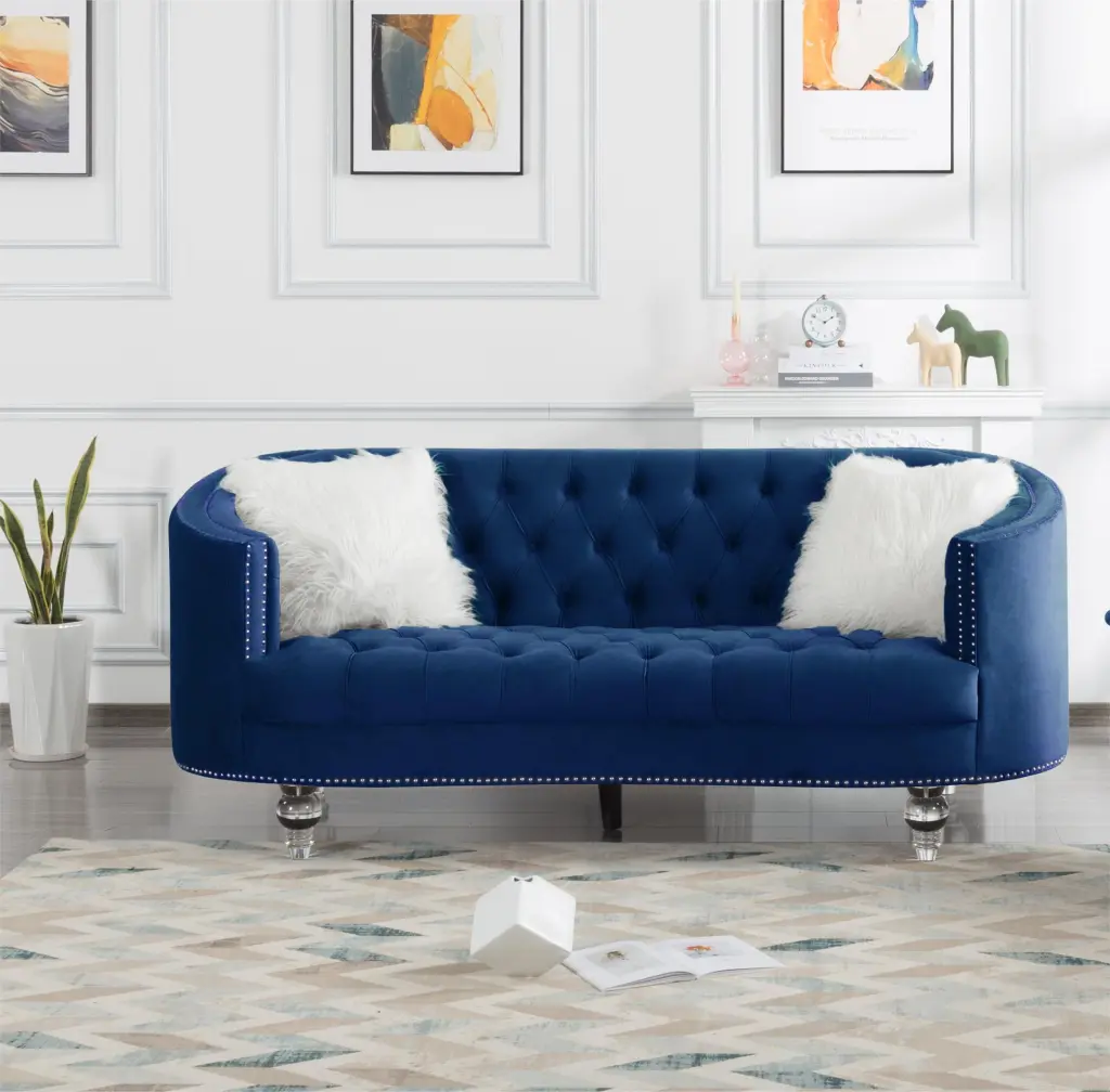 Living Room Sofa Navy Blue Velvet Button Tufting and Nail Head Trimming Ponnky