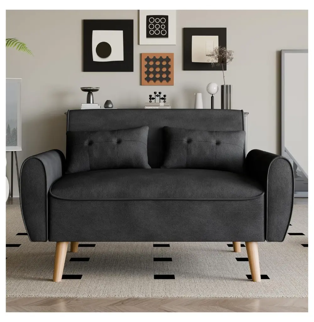 TiaGOC 47 Inch Modern Black Linen Fabric Tufted Loveseat Sofa Tapered Wood Legs