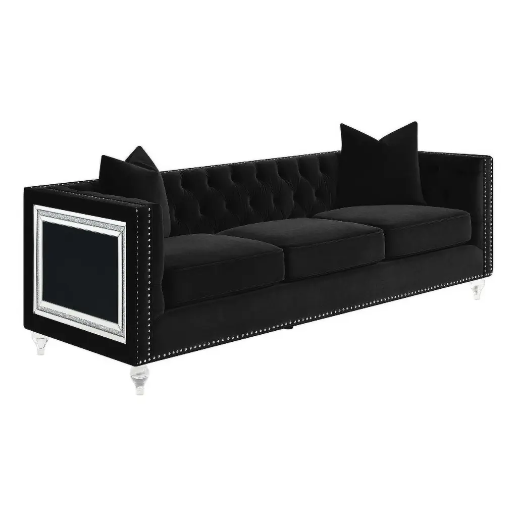 Pemberly Row Velvet Upholstered Tufted Tuxedo Arm Sofa Black - Classic and Sophisticated