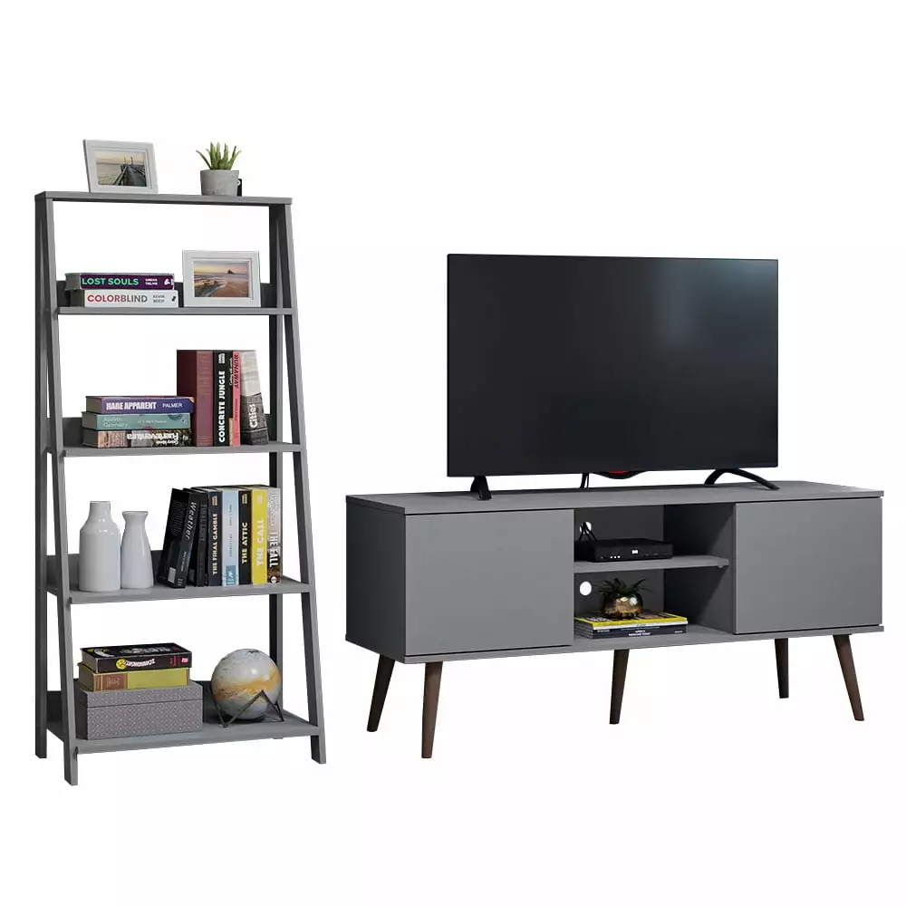 Madesa TV Stand 2 Doors and 2 Shelves 55 Inch Ladder Shelf Standing Bookcase Gray