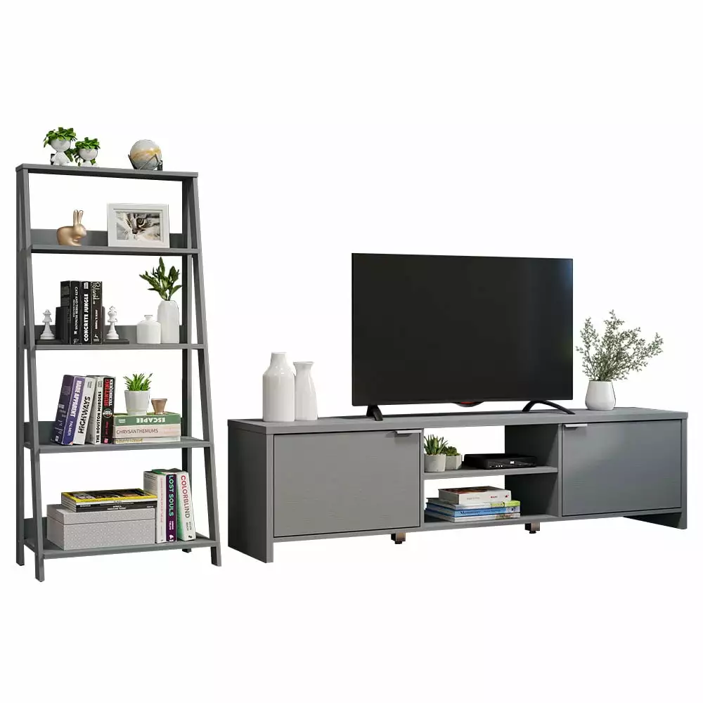 Madesa TV Stand Storage 80 Inch and Ladder Shelf Standing Bookcase Gray