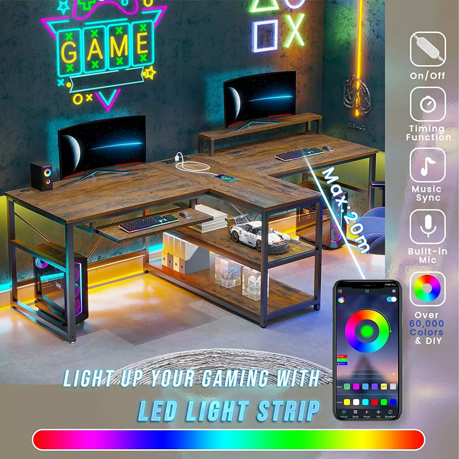 LED Computer Desk 94.5 Home Office Desks Two Person Gaming Desk 2 Outlets 2 USB Ports LED Lights Storage Brown - Spacious ...