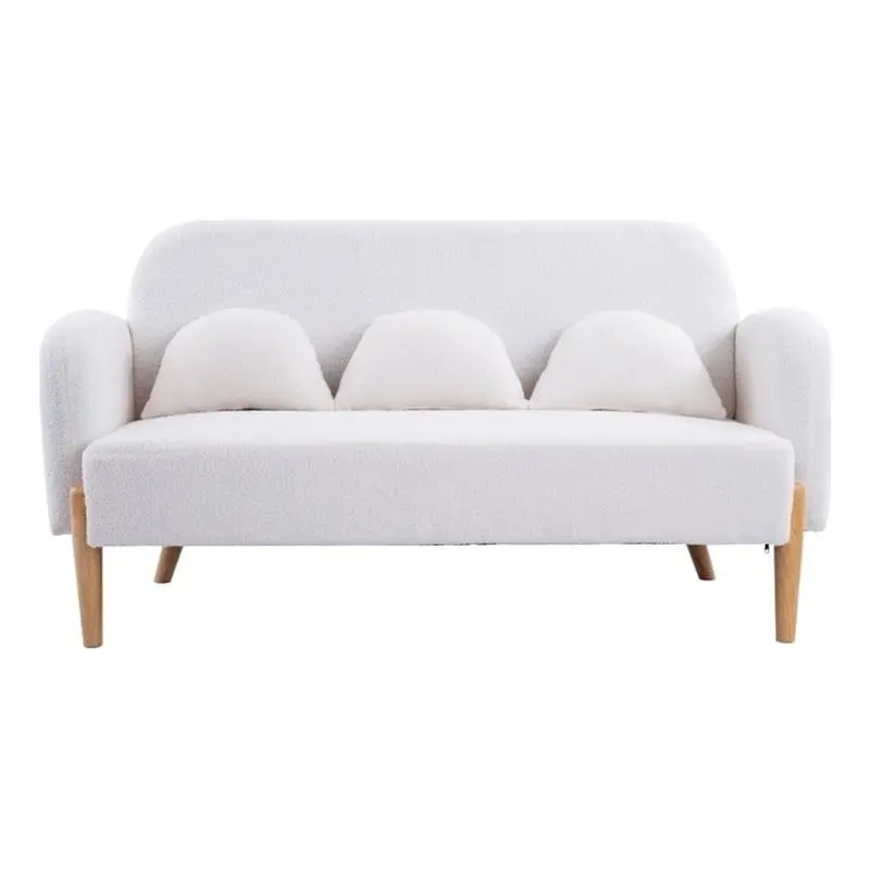 59.1 Beige Two-Seater Sofa Cozy Teddy Velvet Three Lumbar Pillows Direct Wicker