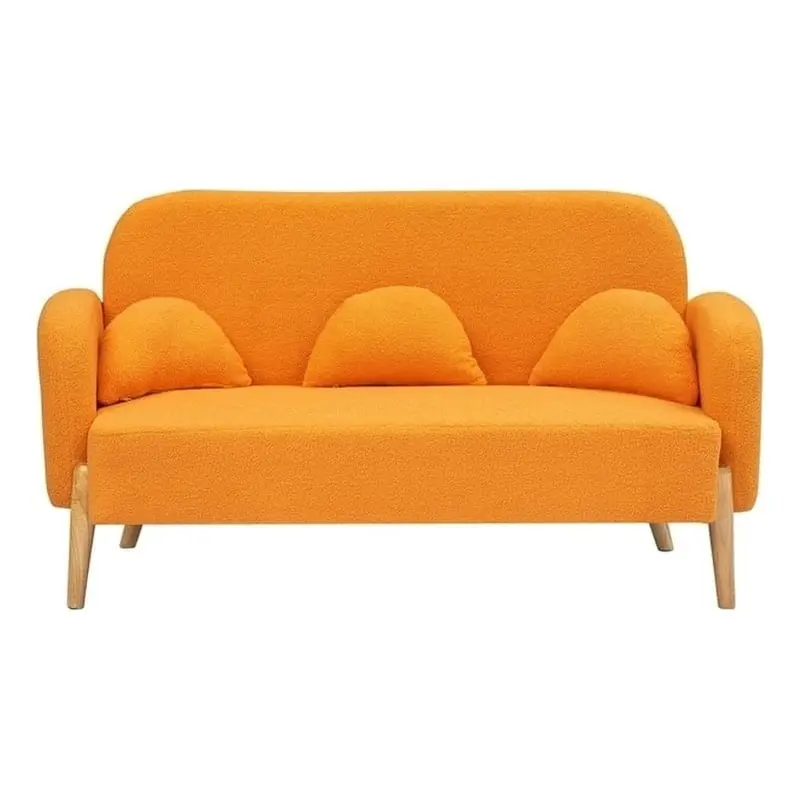59.1 Orange Two-Seater Sofa Cozy Teddy Velvet Three Lumbar Pillows Direct Wicker