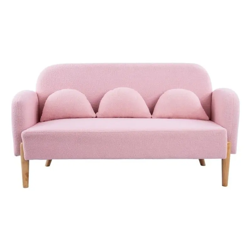 59.1 Pink Two-Seater Sofa Cozy Teddy Velvet Three Lumbar Pillows Direct Wicker
