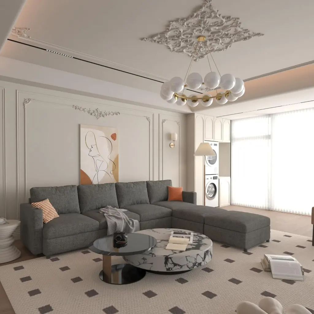 Modern U-Shape Modular Sectional Sofa Storage Function Chenille Fabric 6 Seat Sofa Bed Ecautly