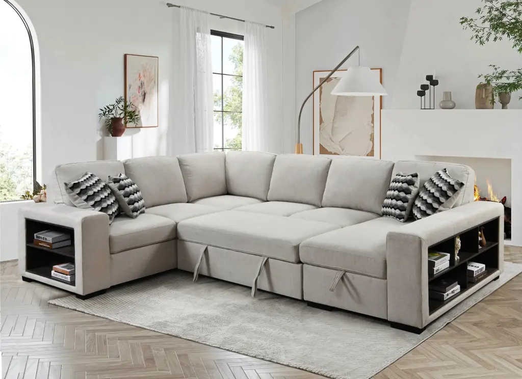 Living Pavilion 125'' Modern U-Shaped 7-Seat Sectional Sofa Cabinet and Sofa Bed - Beige Storage Chaise