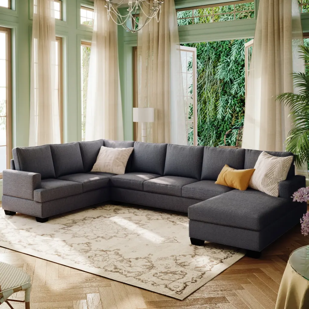 Modern Large Upholstered U-Shape Sectional Sofa Extra Wide Chaise Lounge Couch Grey High-Quality Construction Ponnky