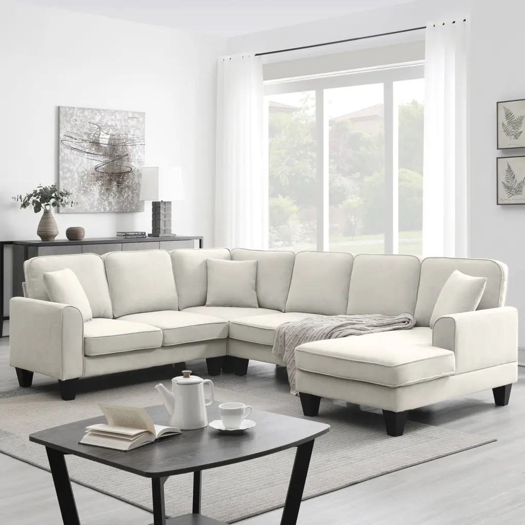 Beige U Shape 7-Seat Modern Sectional Sofa 108x85.5 3 Pillows Durable Fabric Upholstery Easy Assembly Wodine