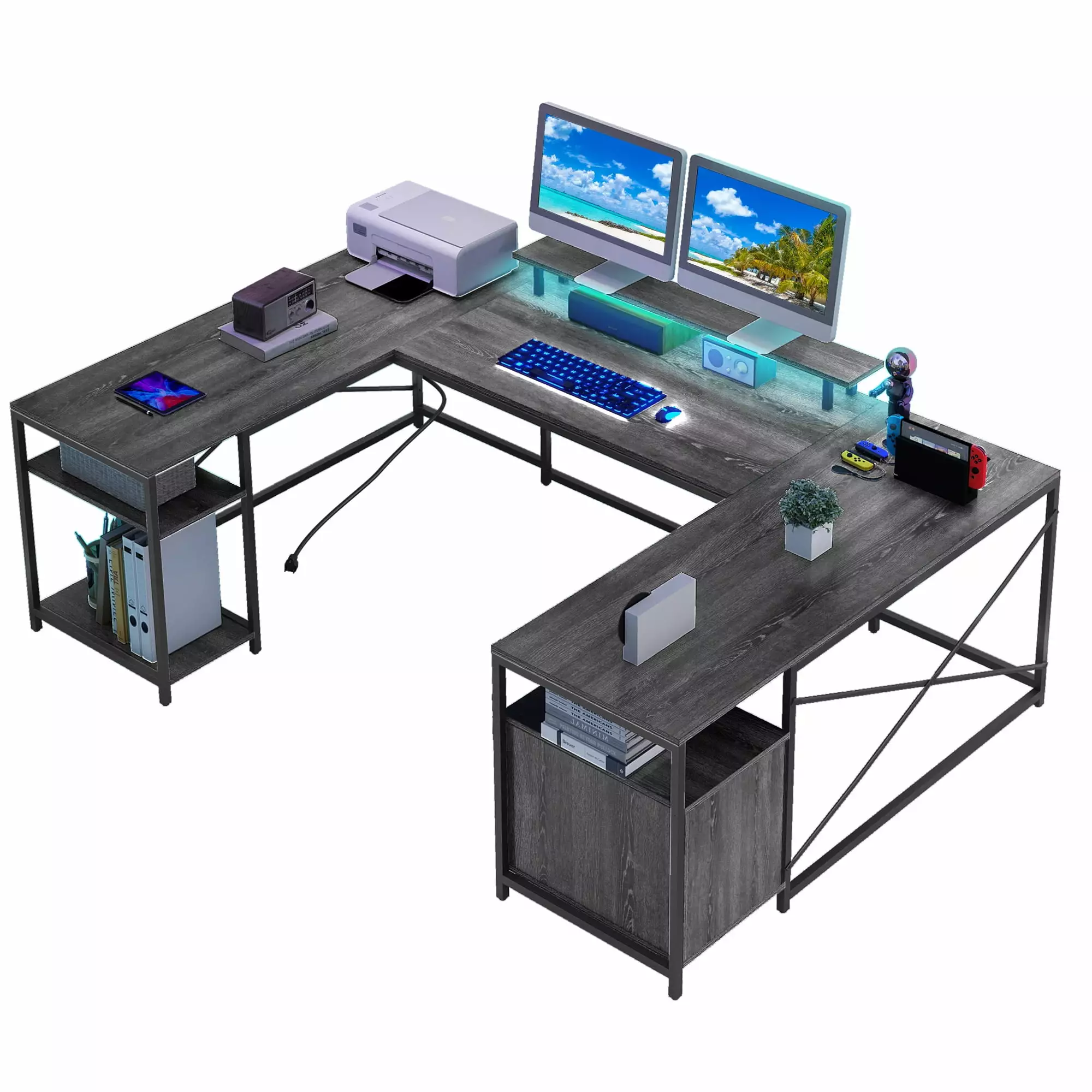 DWVO U Shaped Desk Power Outlets, LED, Drawers & Monitor Stand - Gray