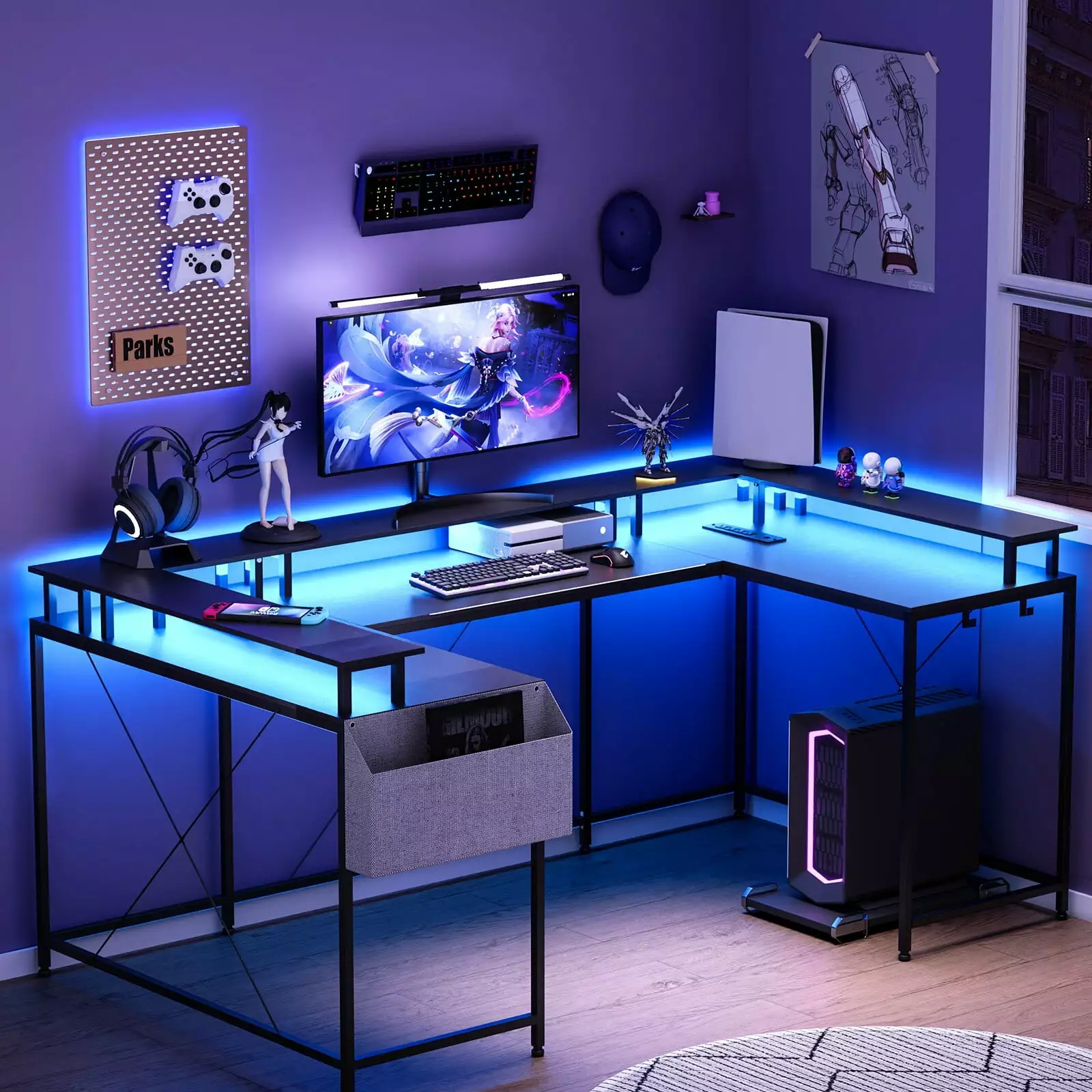 Towallmark Reversible 79 U Shaped Gaming Desk LED Light Power Outlet Monitor Stand