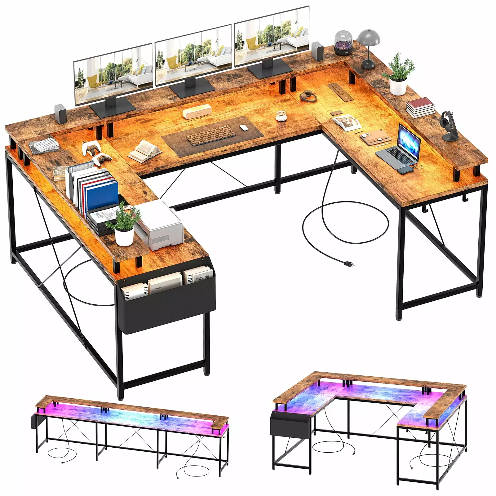 Tropow Reversible 79 U Shaped Gaming Desk Office Corner Computer PC Home Desk LED Light Strip Power Outlet Monitor Stand B...