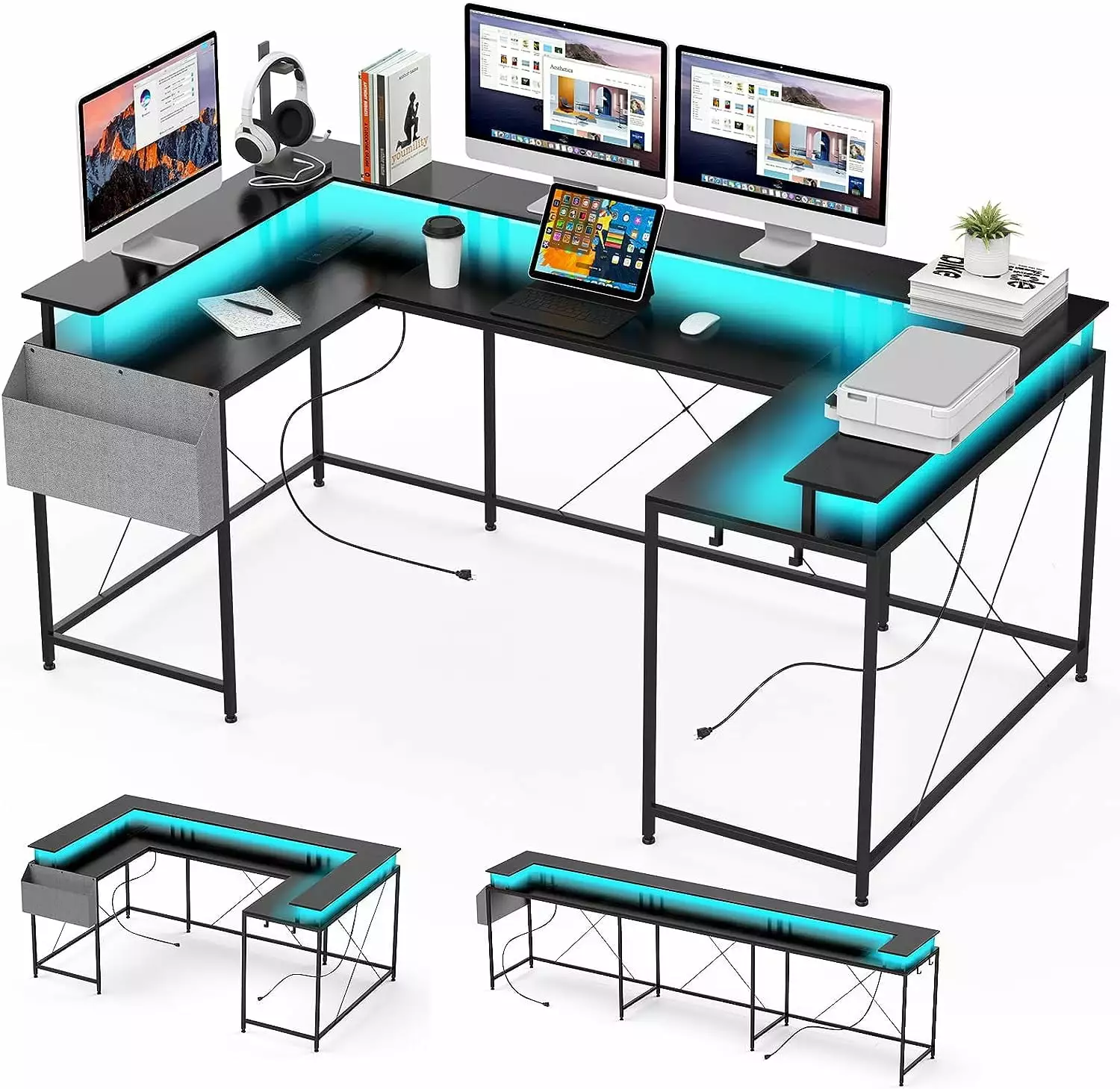 Yiwa U Shaped Desk Monitor Stand Power Outlet and LED Lights