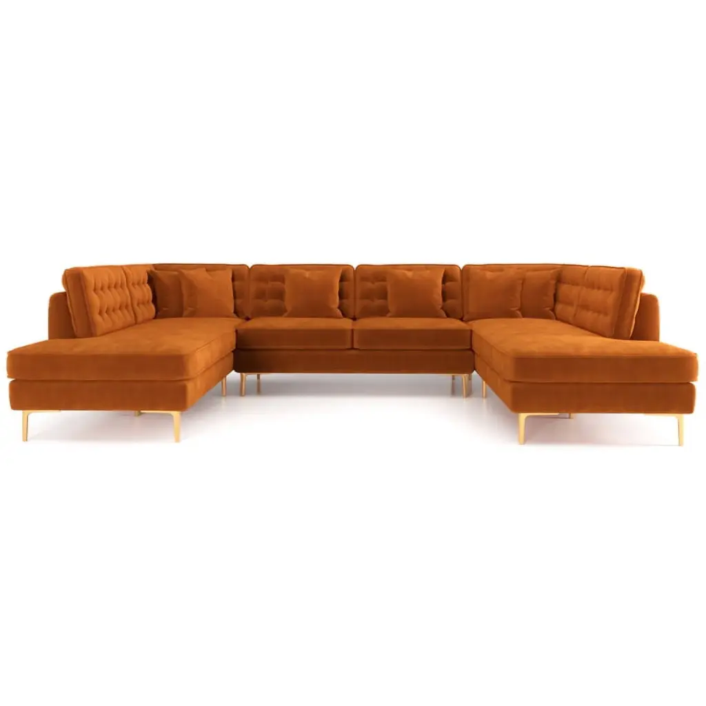 Cale Modern Living Room U-Shaped Velvet Corner Sectional Couch Gold Finish Ashcroft