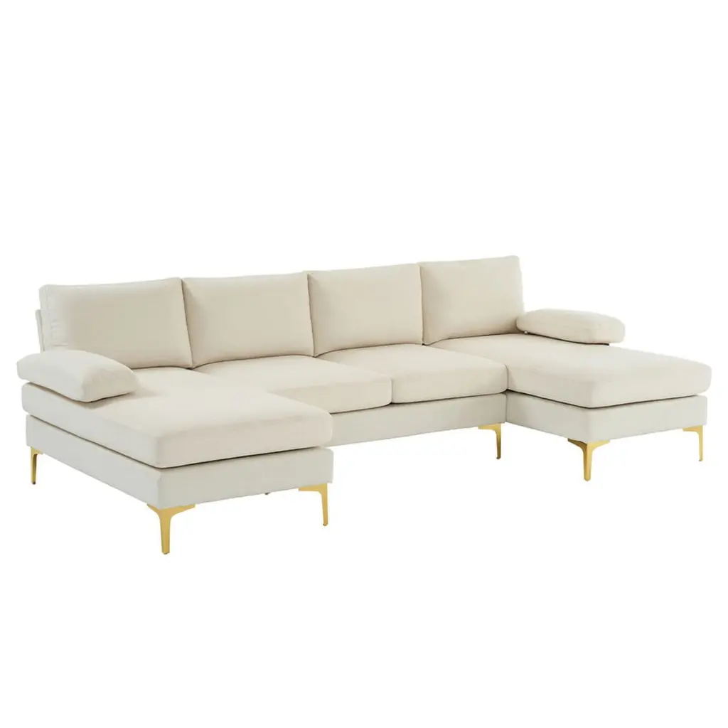 Bornmio 280x130x85 U-Shaped 4-Seat Linen Modular Sofa Wooden Frame and Golden Feet Beige