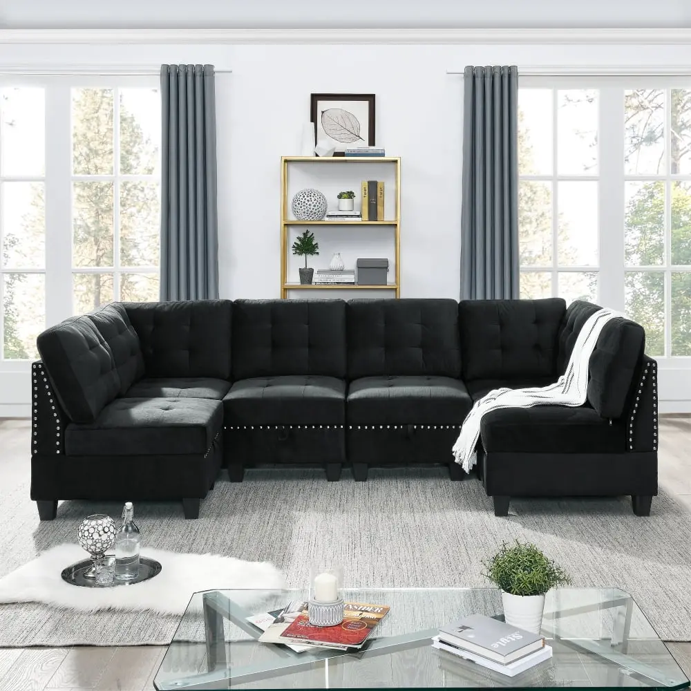 CCBuy Convertible U Shaped Sectional Sofa Reversible Chaise Black Velvet