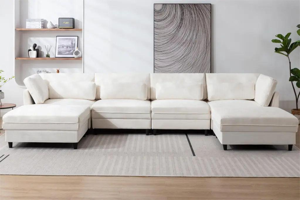 Oversized Modular Sectional Fabric Sofa Set Waist Pillows Extra Large U Shaped Couch Reversible Chaise 145 Inch Long CNCJ