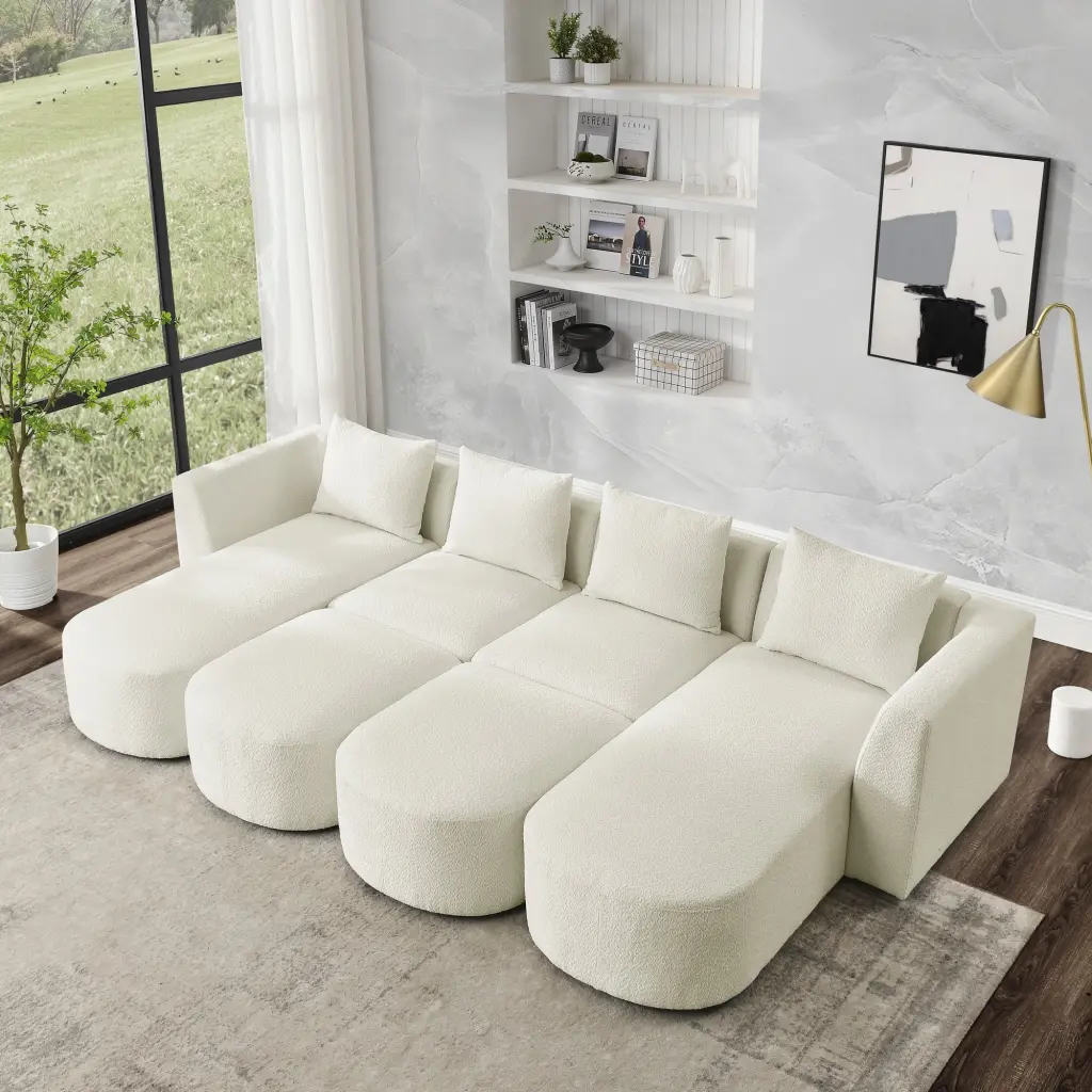 U Shape Sectional Sofa Two Single Seats Two Chaises Two Ottomans Modular DIY Combination Loop Yarn Fabric Beige CNCJ