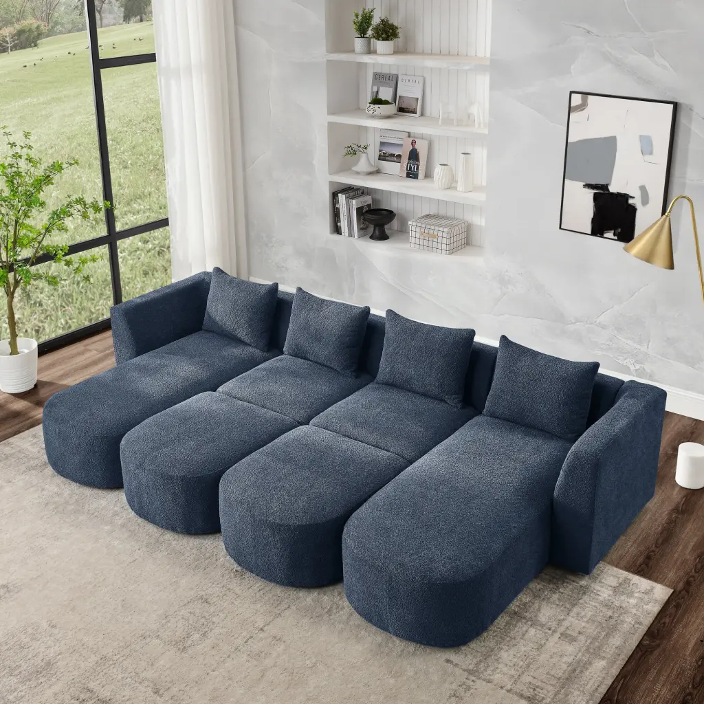 U Shape Sectional Sofa Two Single Seats Two Chaises Two Ottomans Modular DIY Combination Loop Yarn Fabric Navy CNCJ