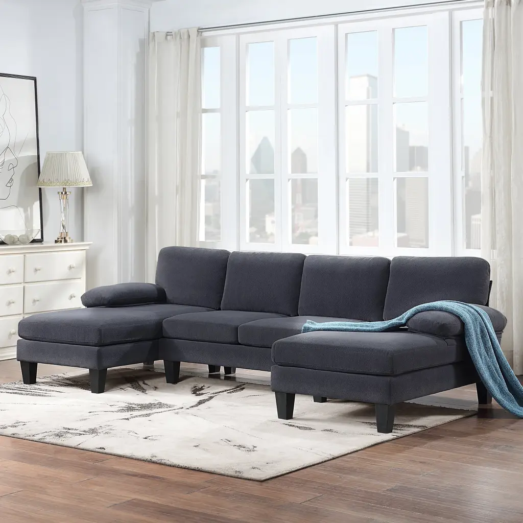 CoSoTower 112x56 Granular Velvet U-Shaped Couch Oversized Seat 6-Seat Sofa Bed Double Chaise Comfortable Spacious Living R...