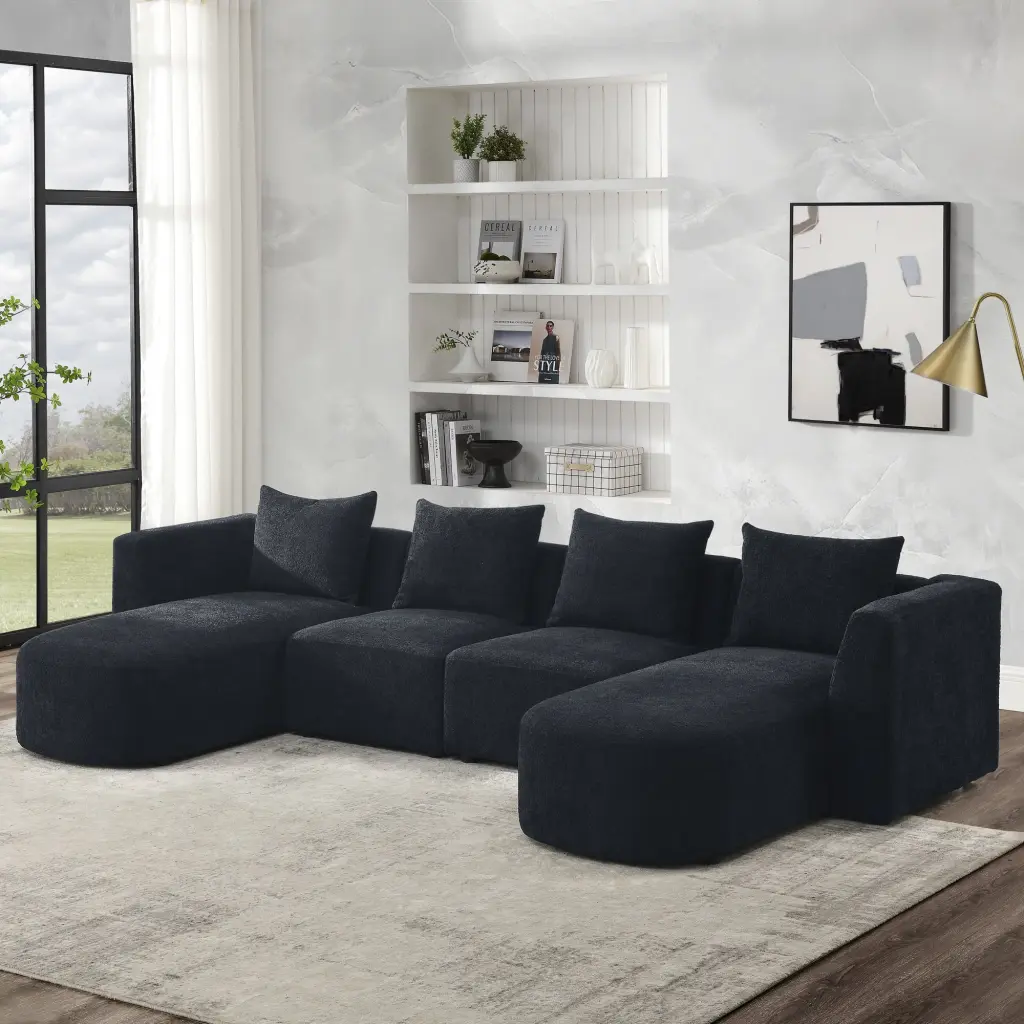 DeeHome U Shape Sectional Sofa Modular DIY Black Loop Yarn Fabric