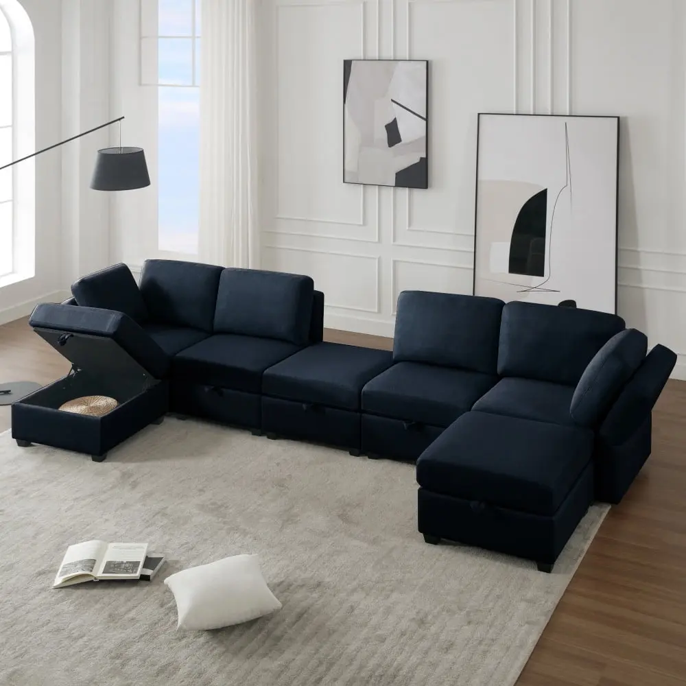 DeeHome U Shaped 7 Seat Modular Sectional Sofa Ottoman and Adjustable Arms Blue
