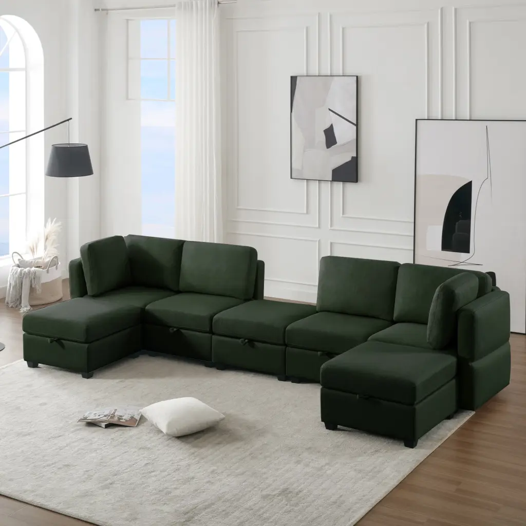 DeeHome U Shaped 7 Seat Modular Sectional Sofa Ottoman and Adjustable Arms Green