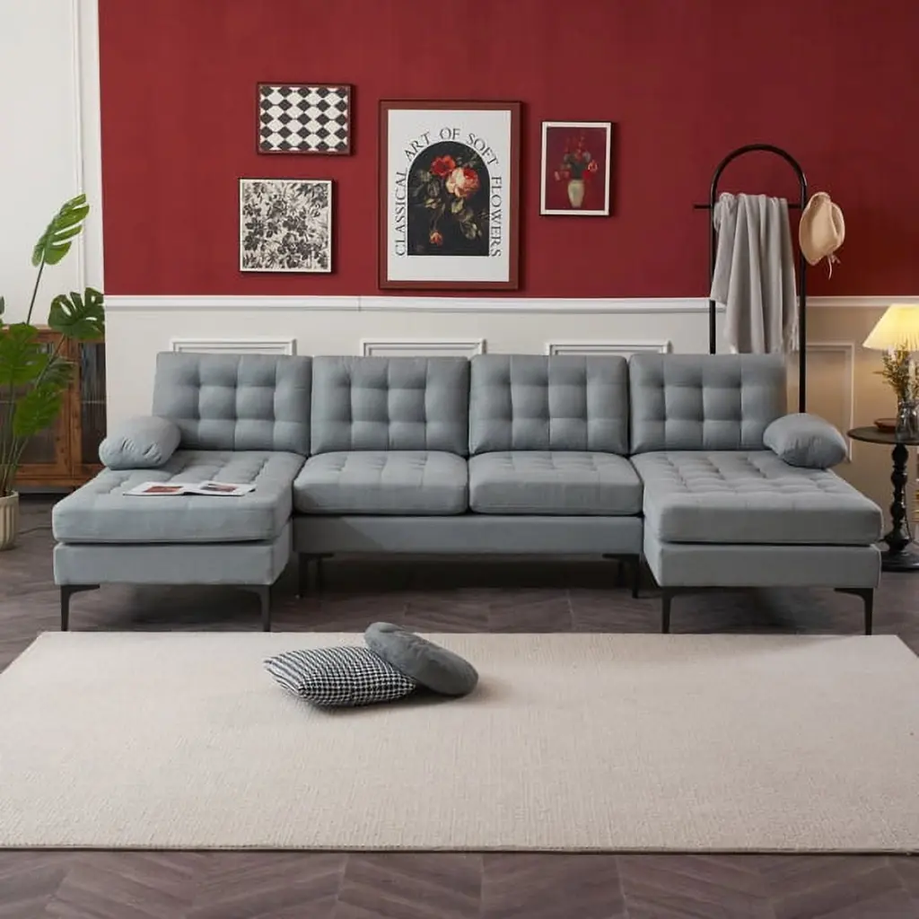 Fithood U-shaped Soft-Covered Sectional Sofa Wooden Iron Frame Black Feet Light Gray