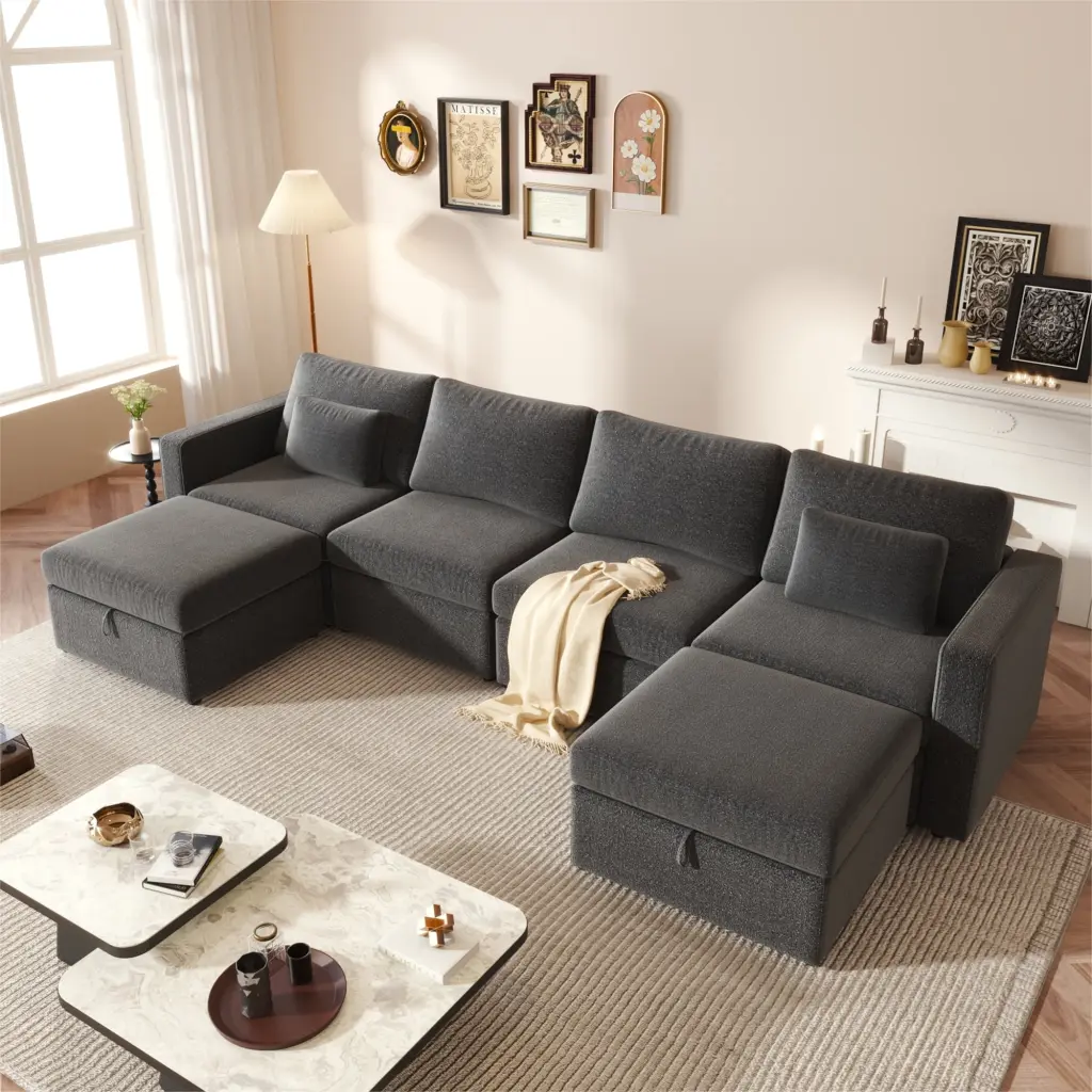 Modern Cotton Linen U-Shaped Sectional Sofa Storage Ottomans Dark Gray Living Room Gexpusm