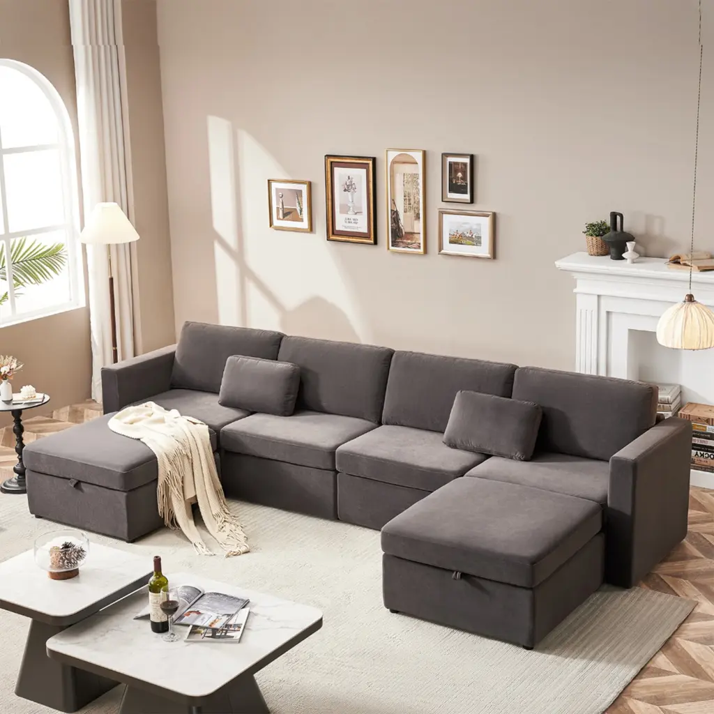 Modern Velvet U-Shaped Sectional Sofa Storage Ottoman Grey Living Room Gexpusm