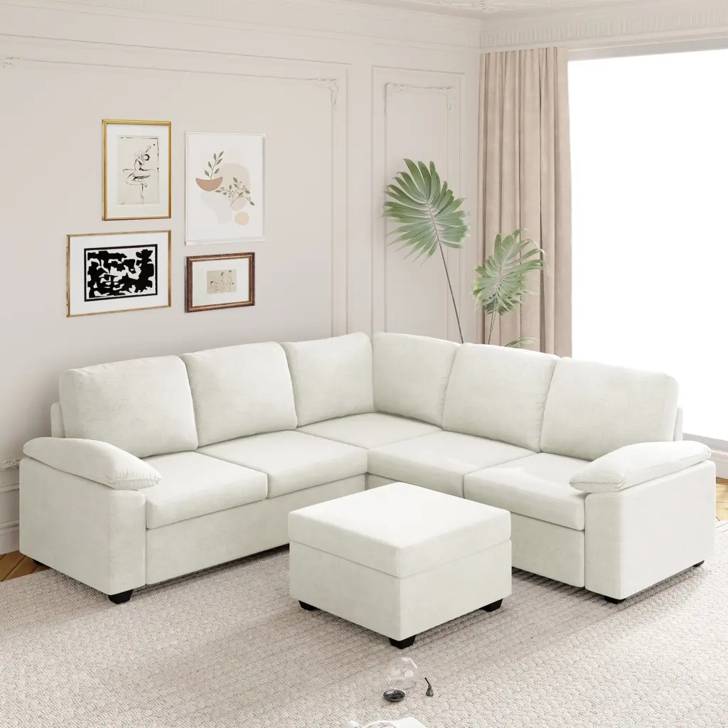 84x84 Modern Velvet U Shaped Sectional Sofa Set Ottoman and Armrest Pillow 6 Seater Living Room Ghislaine