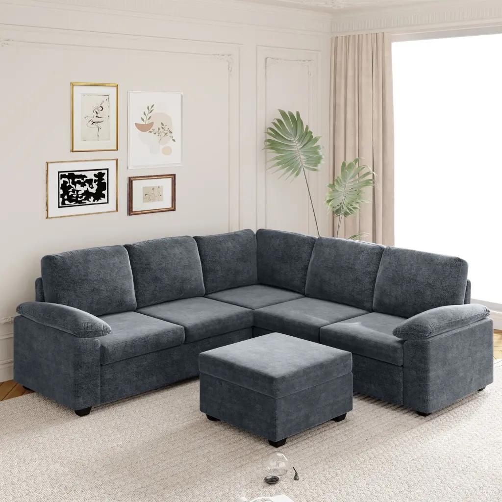 84x84 Modern Velvet U Shaped Sectional Sofa Set Ottoman and Armrest Pillow 6 Seater Living Room Ghislaine
